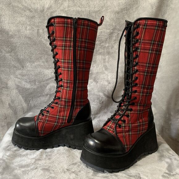 Demonia Shoes - Demonia Women's 3.5" Platform Boots Size 7 Scene 100 Red Tartan Plaid 15” Tall